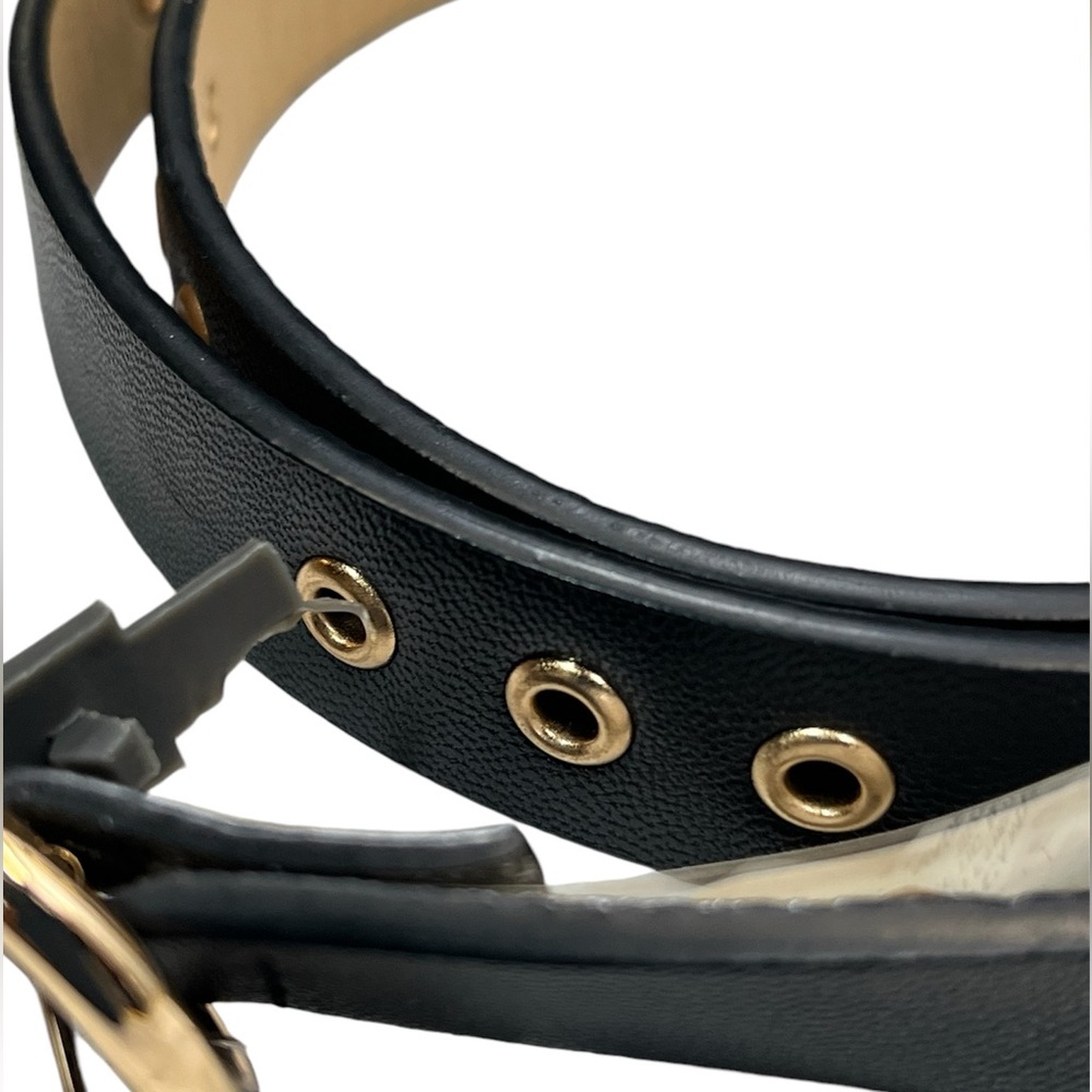Vince Camuto Black Faux Leather Belt Gold Logo Buckle Detail Large New - Picture 2 of 8
